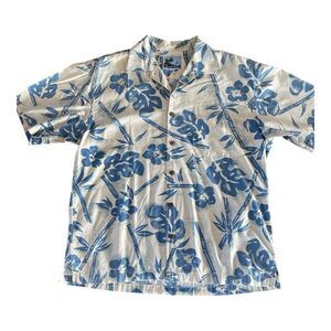 Afico Bluewater Hawaiian Shirt Mens Size Large Blue White Cotton Rayon‎ Vintage
